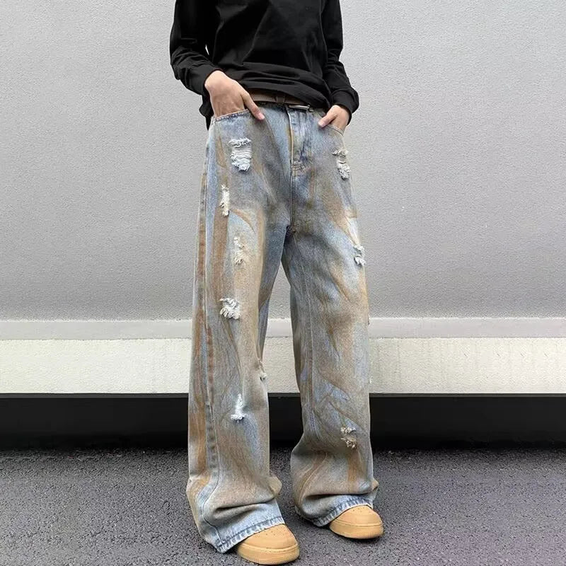 Japanese Straight Leg Jeans For Men Loose Wide Leg Pants Fashion Casual Ripped Jeans Vintage Y2k Jeans